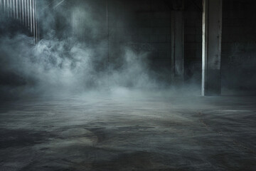 A dark concrete floorcovered in mist and fog is a striking and evocative image that evokes feelings of mystery, intrigue, and possibility