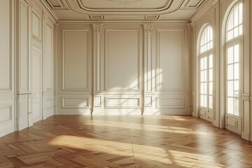 elegant empty room with classic mouldings and wooden floor 3d rendering - obrazy, fototapety, plakaty