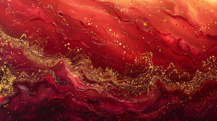Fiery waves of crimson and scarlet, dusted with gold glitter, capturing the essence of a sunset on water. 