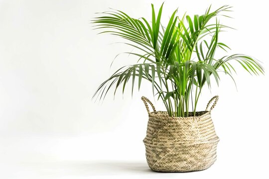 elegant kentia palm in seagrass basket isolated on white urban gardening trend studio photo