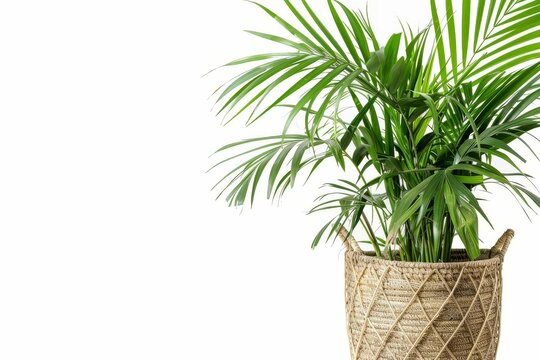 elegant kentia palm in seagrass basket isolated on white urban gardening trend studio photo