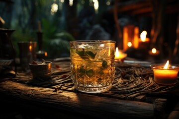 Exotic drink in a bamboo glass, in a bar on the beach with candlelight., generative IA