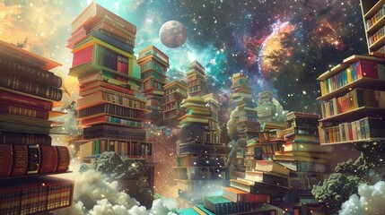 A surreal dreamscape featuring a celestial library, where colorful tomes and ancient scrolls float...