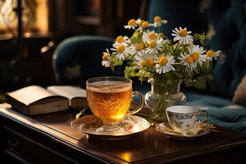 Chamomile tea in a vintage cup, next to an old book in an armchair., generative IA