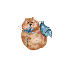 Watercolor hamster. A cheerful fat hamster with a butterfly and a cornflower. Isolated on white background. Illustration for nursery, stickers, greetings, postcards.