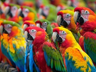 A group of colorful parrots are sitting together in a tree.