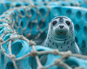 A seal's head emerges from behind a net, with its striking whiskers and inquisitive eyes engaging the viewer in a marine setting.