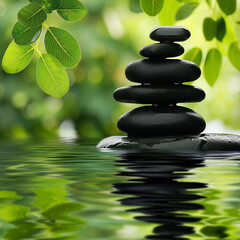 Serene Zen Stones with Fresh Green Leaves on Calm Water Surface