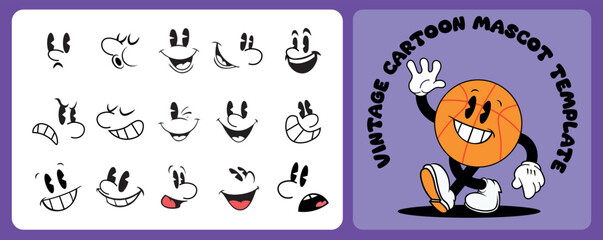 Set of 1930s vintage cartoon mascot face, different expression, vector illustration, rubberhose style
