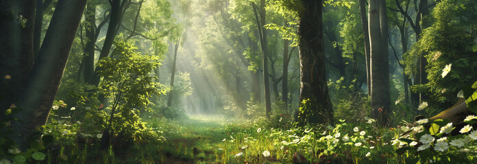 Enchanted Woods with Sunbeams Filtering Through Morning Mist