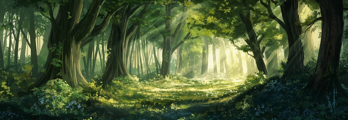 Mystical Forest Panorama with Sun Rays Peeking Through Trees