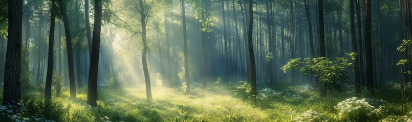 Obraz premium Magical Morning Light in Dense Forest with Mist and Flora