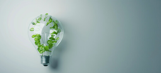 Green Energy Concept with Plant Inside Light Bulb on Grey Background with Copy Space