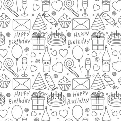 Happy birthday pattern. Seamless birthday background. Illustration with cake, gift box, party hat, balloons.