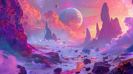 A surreal landscape on an alien planet, with vibrant colors and strange rock formations creating an otherworldly vista. - Powered by Adobe