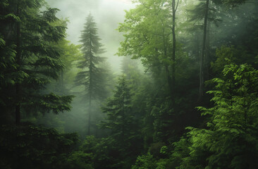 Tranquil Sunrays Filtering Through Misty Coniferous Forest