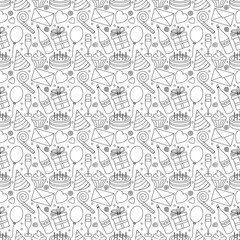 Happy birthday pattern. Seamless birthday background. Illustration with cake, gift box, party hat, balloons.