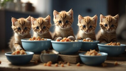 Kittens eat food from bowls