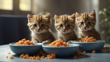 Kittens eat food from bowls