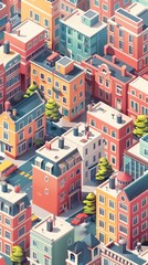 An isometric cityscape in a nostalgic pastel color scheme add Feature boxy buildings, simple pixelated cars, and a few stylized trees - obrazy, fototapety, plakaty