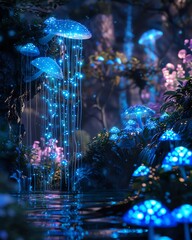 Capture the mesmerizing glow of bioluminescent flora at eye-level, using digital 3D rendering to bring a dreamy, surreal quality to the scene - obrazy, fototapety, plakaty