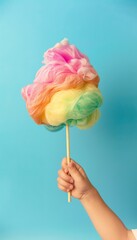 close up minimalist photo advertisement for childrens hand holding a rainbow cotton candy, solid pastel blue background, studio lighting - obrazy, fototapety, plakaty