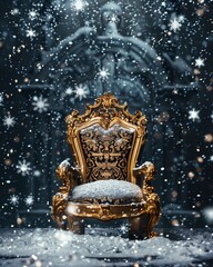 Cinematic shot of an ornate gold throne under a delicate flurry of snowflakes, with a dark, moody atmosphere enhancing the luxury - obrazy, fototapety, plakaty