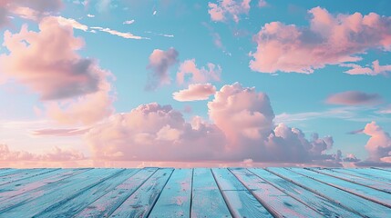wooden terrace with beautiful view blue sky and pink cloud, copy space for display of product or object presentation and advertisement concept - obrazy, fototapety, plakaty