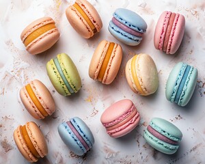 Flat lay of an assortment of French macarons in pastel colors, symmetrical composition, soft natural light, patisserie in the afternoonadd - obrazy, fototapety, plakaty