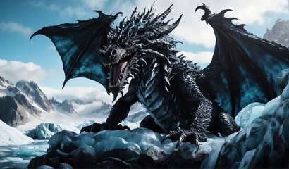 giant icy cold black dragon background from Generative AI - obrazy, fototapety, plakaty