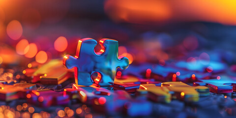 Fototapeta na wymiar Brightly lit puzzle pieces are scattered with a blurry background