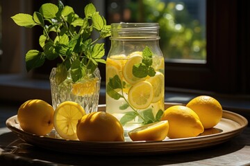 Cold lemonade in a glass jar with lemon slices and mint leaves., generative IA