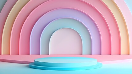 Obraz premium Minimalist Pastel Rainbow Backdrop with Blank Podium for Magazine Cover