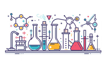 flat illustration of science and laboratory concepts with test tubes, beakers, and lab equipment on a white background. chemistry lab and science equipment, modern line art design for a banner.