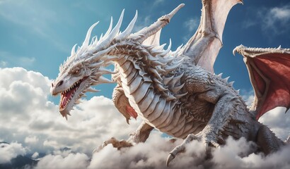 giant white dragon flying in the sky background from Generative AI - obrazy, fototapety, plakaty