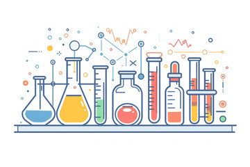 flat illustration of science and laboratory concepts with test tubes, beakers, and lab equipment on a white background. chemistry lab and science equipment, modern line art design for a banner. - obrazy, fototapety, plakaty