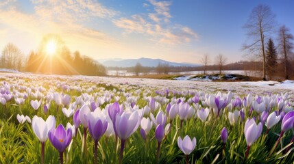 Beautiful panorama of blooming spring meadow landscape, with spring knot flowers, snowdrop and crocus, illuminated by the morning sun - obrazy, fototapety, plakaty