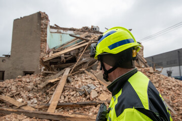 Firefighter from a specialized usar team at the site of a collapsed building
