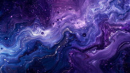 Indigo and violet strokes mingle with iridescent glitters, a cosmic watercolor. 