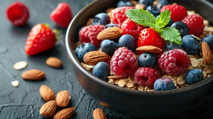 Oatmeal Mix with variety of fresh or frozen berries like strawberries, blueberries, raspberries and almonds