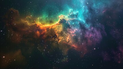 A vibrant cosmic cloud illuminated by the light of nearby stars, with colorful gases and dust...
