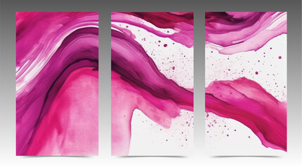 Watercolor cover set, fuchsia and purple ink flow. Template illustration for brochure, flyer, booklet, presentation.