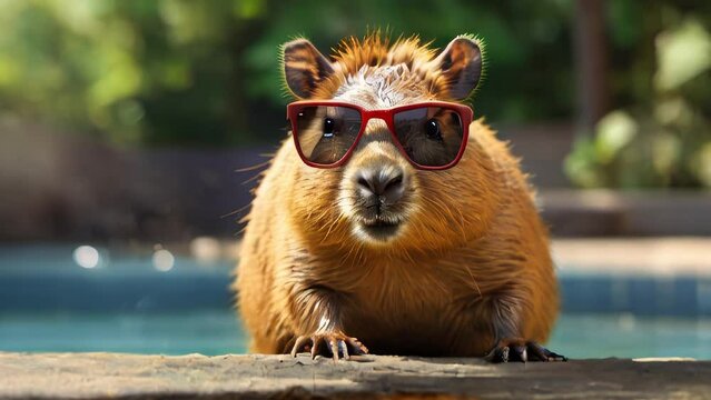 Portrait of a capybara wearing sunglasses on a beige background. The concept of funny animals