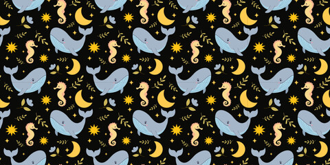 Cute seamless pattern with whale and seahorse, stars in the night sky, children's background. Design for nursery, textile, wrapping paper etc. Simple flat vector illustration.