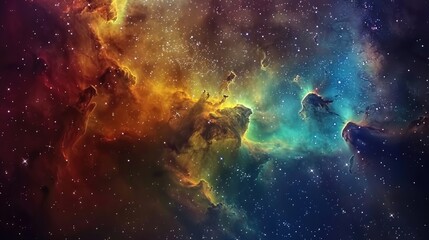 A vibrant cosmic cloud illuminated by the light of nearby stars, with colorful gases and dust...