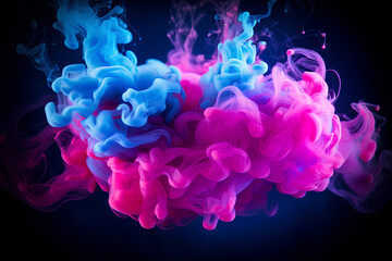 Explosion of color. Neon background. Paint in water. Bright smoke cloud texture. dark background