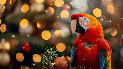 A vibrant scarlet macaw perched amidst festive holiday decorations - Powered by Adobe