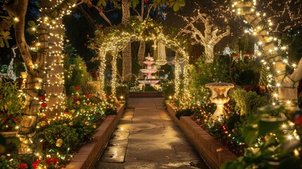 A whimsical holiday garden adorned with twinkling lights and festive decorations, with illuminated pathways winding past sparkling fountains and charming displays, creating a magical wonderland for ho