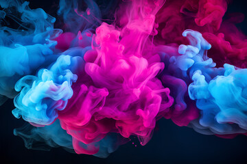 Explosion of color. Neon background. Paint in water. Bright smoke cloud texture. dark background