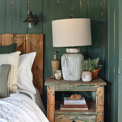 A rustic nightstand made from reclaimed wood is positioned next to the bed in an interior design of a modern farmhouse bedroom. The wall behind is painted a dark green and adorned with wooden paneling